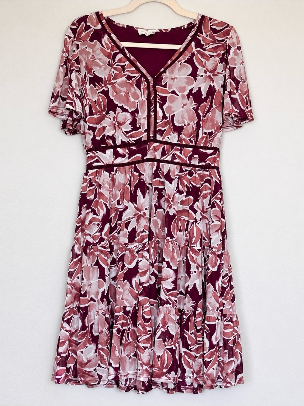 Ember Burgundy Floral Fit & Flare Dress Size Large Flutter Sleeve Midi Dress